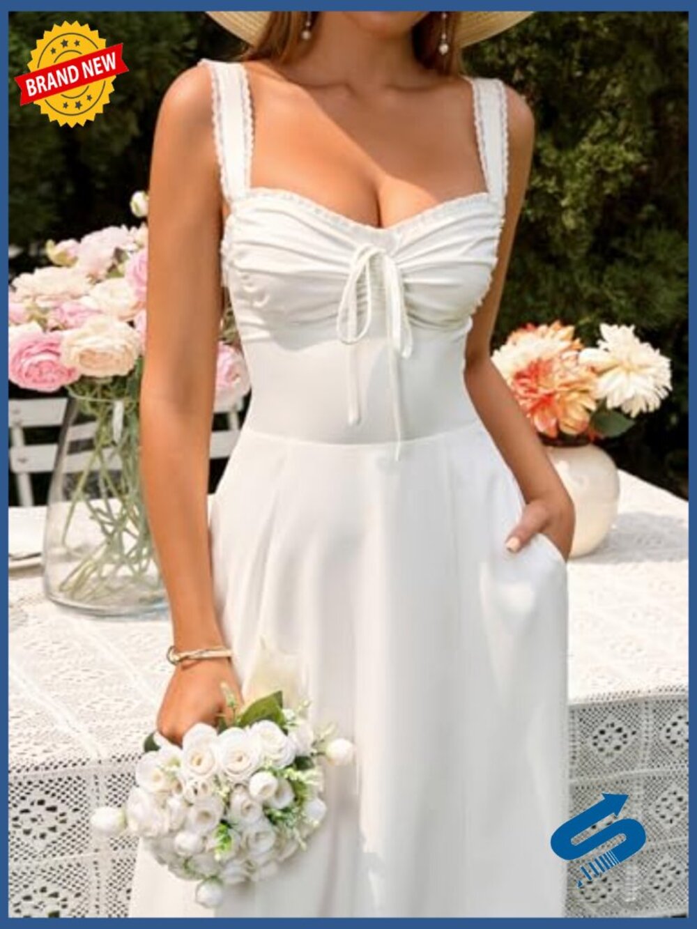Vintage Corset Midi Dress with Pockets Flowy A-Line Lace Up Back - Picture 4 of 6